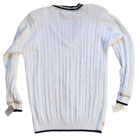 Vintage 60s 70s Preppy White Tennis Sweater M/L Retro V-Neck Embroidered Sequins - Picture 2 of 5